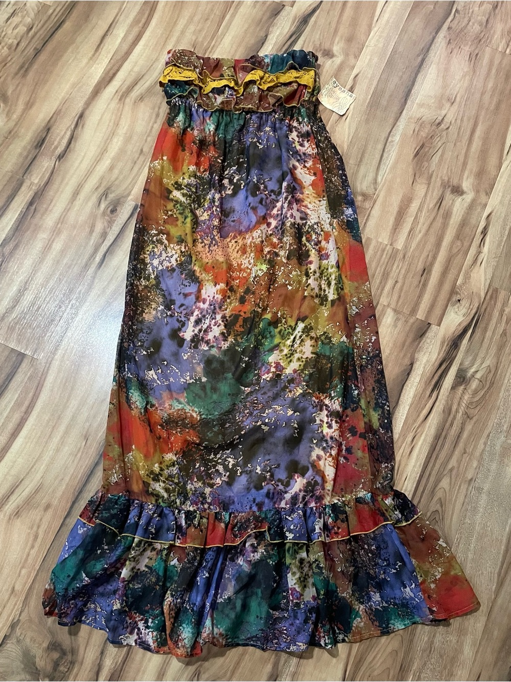 NWT Eyeshadow Y2K Whimsigoth Abstract Strapless Maxi Dress M Boho Fairy Ruffle